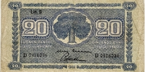 20 Markkaa (Litt.B / Kekkonen-and-Wahlman/ 1948) Banknote