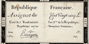 125 Livres (French Revolution / National Constituent Assembly - Assignat 1793)  Banknote