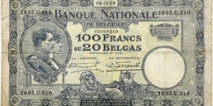 100 Francs / 20 Belgas Banknote