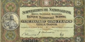 SWITZERLAND 5 Francs 1942 Banknote
