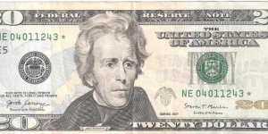 Federal Reserve Note; 20 dollars; Series 2017 (Carranza/Mnuchin).  Star Note. Banknote