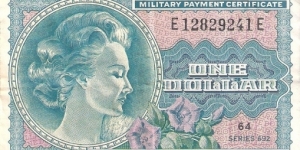 Military Payment Certificate; 1 dollar; Series 692.  In use 1970-1973 in Vietnam. Banknote