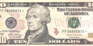 Federal Reserve Note; 10 dollars; Series 2017A (Carranza/Mnuchin).  Star Note. Banknote