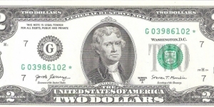Federal Reserve Note; 2 dollars; Series 2017A (Carranza/Mnuchin).  Star Note. Banknote