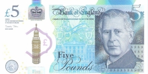 Bank of England; 5 pounds; 2023.  Polymer Note. Banknote