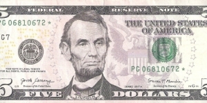 Federal Reserve Note; 5 dollars; Series 2017A (Carranza/Mnuchin).  Star Note. Banknote