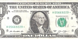Federal Reserve Note; 1 dollar; Series 2013 (Rios/Lew).  Star Note. Banknote