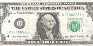 Federal Reserve Note; 1 dollar; Series 2021 (Malerba/Yellen).  Star Note. Banknote