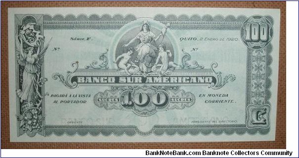 100 Sucres. Elaborate engraving. Banknote