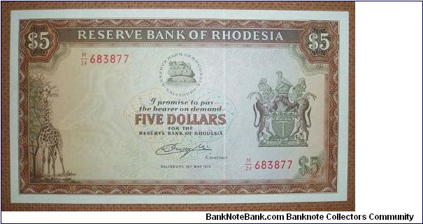 5 Dollars, giraffe and lions. Rhodesia later became Zimbabwe. Banknote