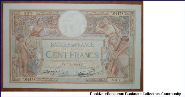 100 Francs. Colorful. Banknote