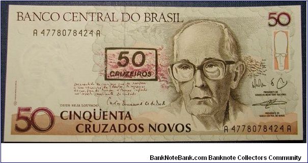 Brazil 50 Cruzieros on 50 Cruzados 1990 Banknote