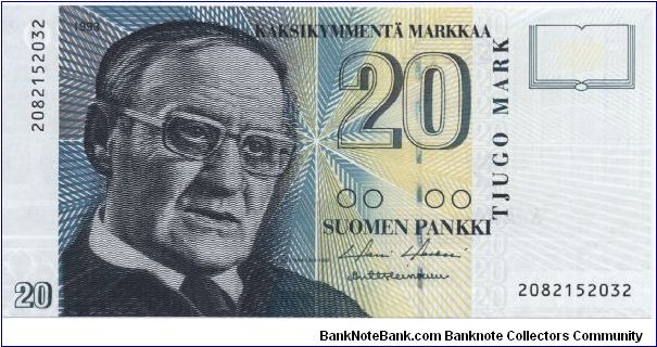 20 markkaa. FRONT: Author Väinö Linna. BACK: Industrial area at Tammerkoski rapids in Tampere.

Primary signature: Harri Holkeri Banknote