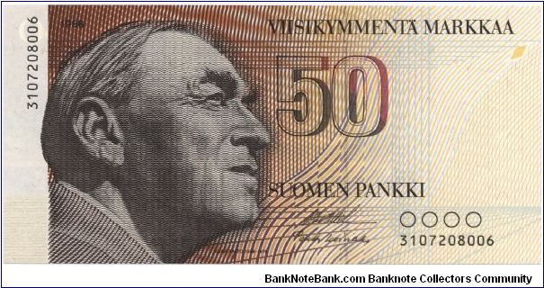 50 markkaa. FRONT: Architect/designer Alvar Aalto. BACK: Finlandia Hall in Helsinki Banknote