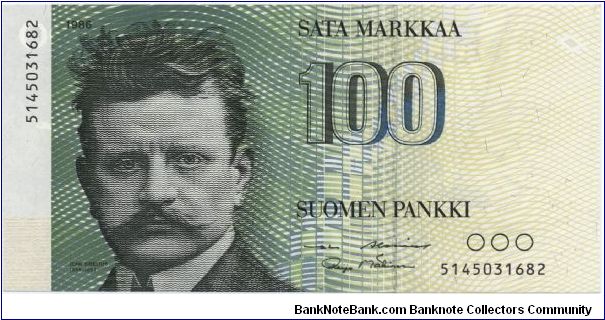 100 markkaa. FRONT: Composer Jean Sibelius. BACK: Swans and forest. Banknote