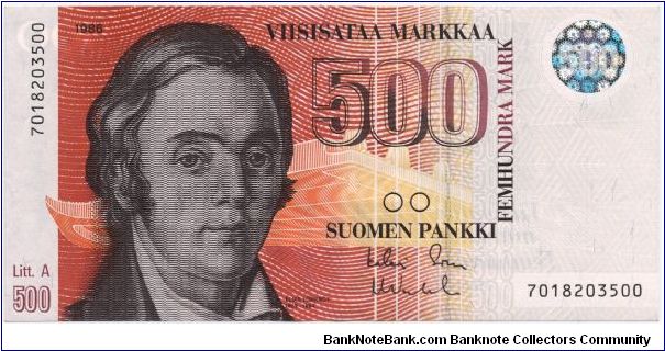 500 markkaa. Litt. A series. FRONT: National epic author Elias Lönnrot. BACK: Punkaharju esker in eastern Finland.

Primary signature: Kalevi Sorsa. Banknote