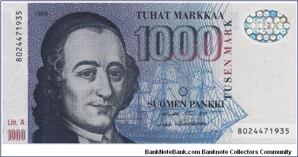 1000 markkaa. Litt. A series. FRONT: Economist/Clergyman Anders Chydenius. BACK: Entrance to Suomenlinna fortress Helsinki. Banknote