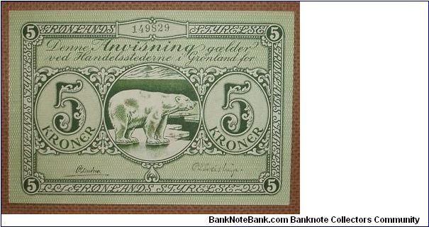 Greenland 5 Kroner, w/polar bear. Banknote