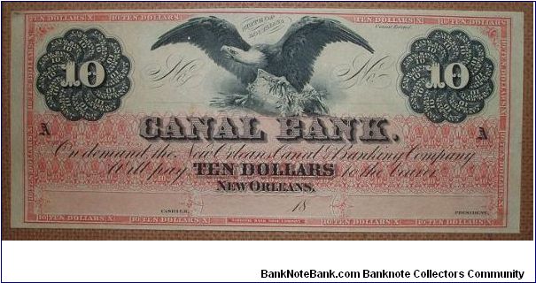10 Dollars Louisiana. Canal Bank Issued. Banknote