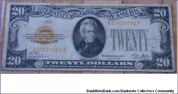 US 20 Dollar Gold Certificate 1928 Banknote