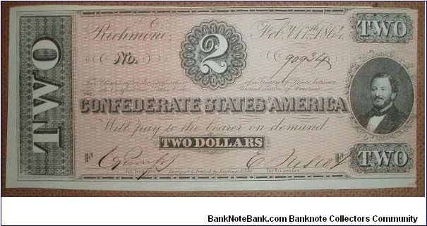 Confederate States 2 Dollars. Portrait of J. P. Benjamin. Banknote