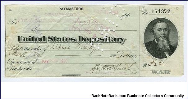 War Department pay check

Albert Nimitz was paid $32 for his service in September 1903.  Paid thru the 1st Nat'l Bk of Denver, Colo.
Engraved at BEP. Punch cancelled PAID Banknote