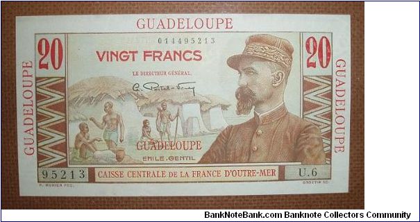 Guadeloupe 20 Francs, colorful. Banknote