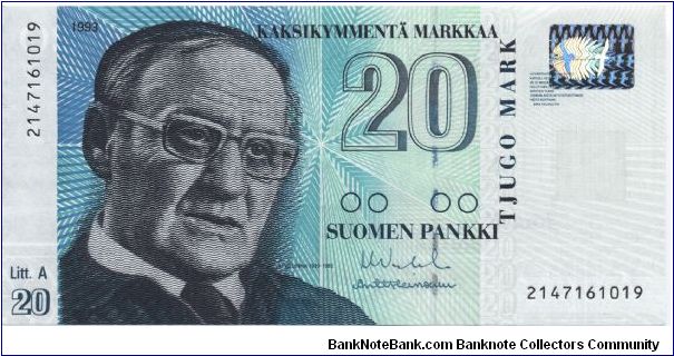 20 markkaa. Litt. A series. FRONT: Author Väinö Linna. BACK: Industrial area at Tammerkoski rapids in Tampere. Banknote