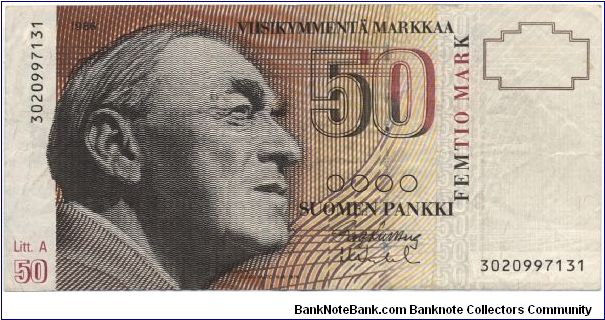 50 markkaa. Litt. A series. FRONT: Architect/designer Alvar Aalto. BACK: Finlandia Hall in Helsinki 

Primary signature: Rolf Kullberg Banknote