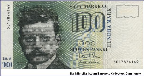 100 markkaa. Litt. A series.  FRONT: Composer Jean Sibelius. BACK: Swans and forest. 

Primary signature: Kalevi Sorsa. Banknote