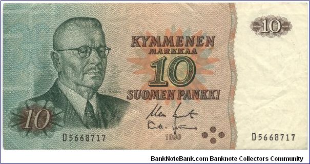 10 markkaa. OBVERSE: J.K.Paasikivi. Banknote