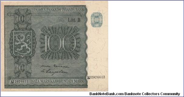 100 markkaa. Litt.B series. Banknote