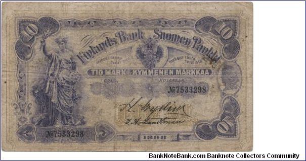 10 markkaa. Issued before Finland's independence, this note contains the 3 official languages of Finland at the time: Finnish, Swedish and Russian. Banknote