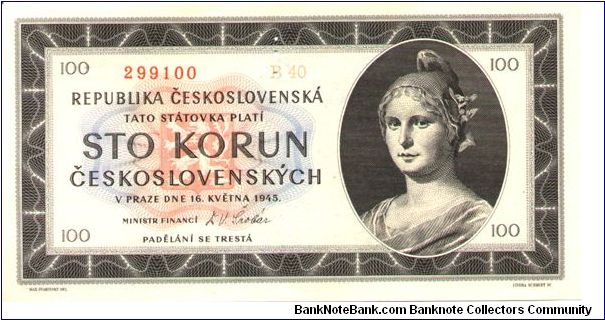 Czechoslovakia, 100 Korun, 1945,  P-67s Banknote