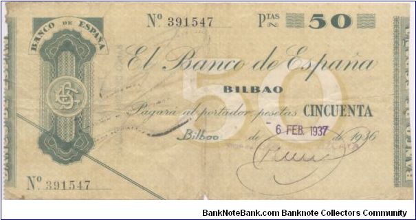 50 Pesetas during Civil war Spain. Banknote