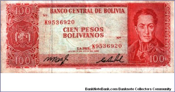 Bolivia - 100 Pesos Bolivianos - 1962 - P-164 Banknote