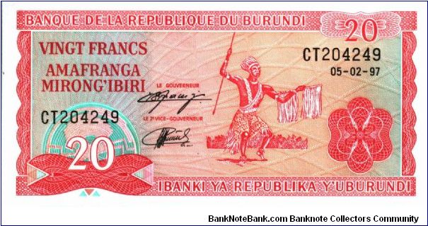 Burundi * 20 Francs * 05.02.1997 * P-27b Banknote