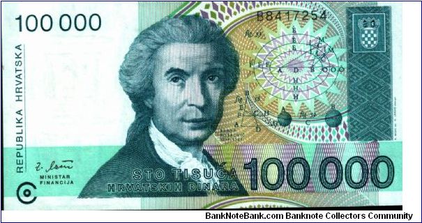 Croatia * 100.000 Dinars * 1993 * P24a Banknote