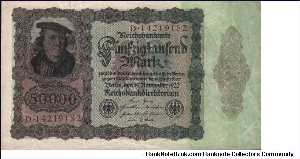 50.000 Mark * 1922 * P-50d * Bank of Württenberg (large size note) Banknote
