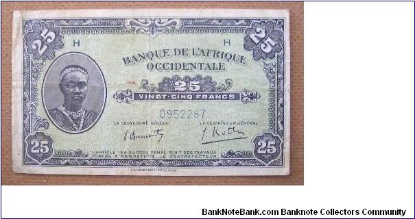 French East Africa 25 Francs. Banknote