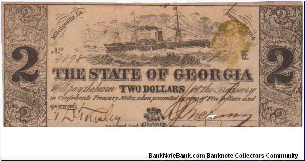 Georgia Confederate $2.

No folds or wrinkles, but has and ugly stain and a hole where counter-signed that knock the grade down a lot. Banknote