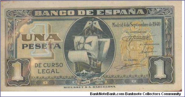 1 Peseta,
Anverso:Santa Maria, una de las tres naves que acompañaron a Colón en el descubrimiento de América. Banknote