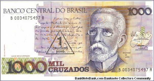 Brazil 1989 1 New Cruzado overprint on 1000mil cruzados. P-216 Banknote
