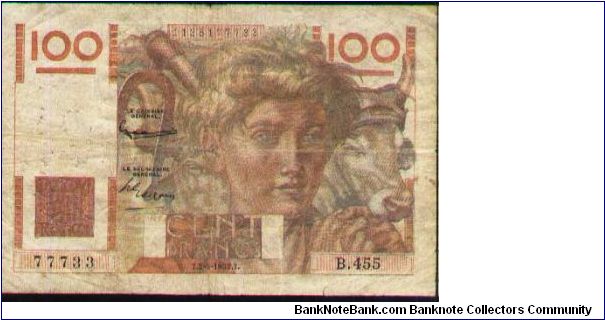 100 Francs,1952,grade: G/VG. Banknote
