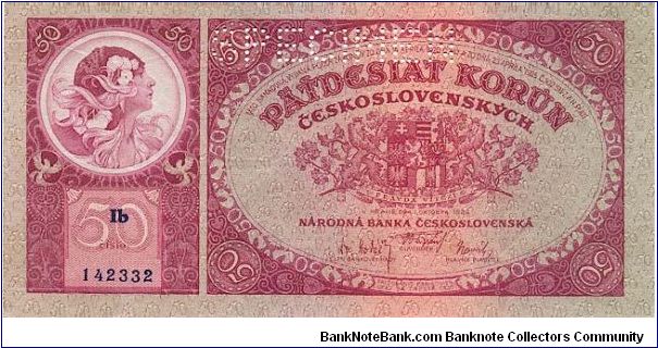 Czechoslovakia - 50 Kc 1929 

The carbonare 50 Kc - note.
Author: Alfons Mucha.
Perforation: SPECIMEN Banknote