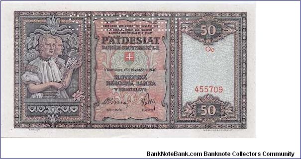 Slovak Republic
50 Ks 1940
SPECIMEN Banknote