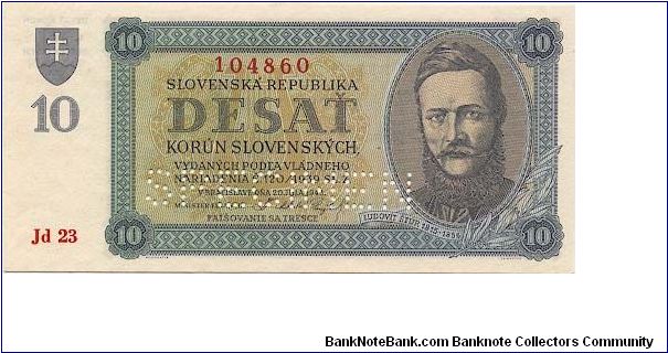 Slovak Republic - 10 Ks 1943
Portrait of Ludovit Stur
SPECIMEN Banknote