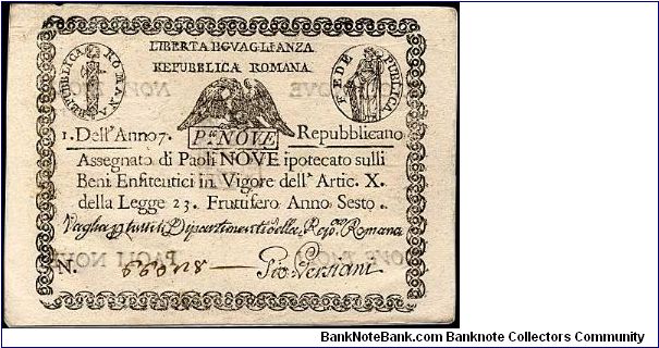 9 Paoli, Republicca Romana. Banknote