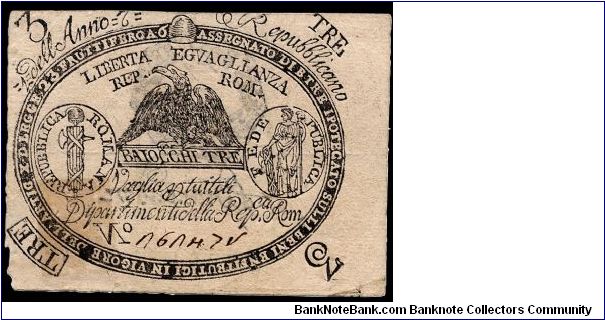 3 Baiocchi, Republicca Romana. Banknote
