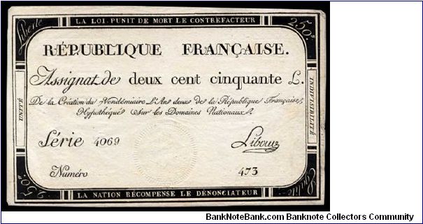 250 Livres.

7 Vendémiaire l'an 2eme series. You can see the seal detail from the center of the note. Banknote